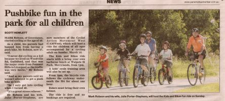 Article on page 7 of 12 March Parramatta Advertiser about this Kids and Bikes Ride.